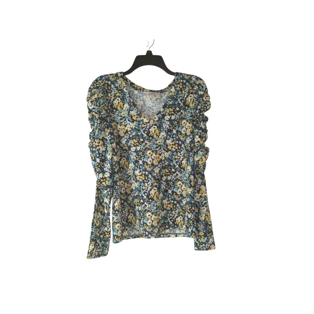 LOFT Women M Multi Floral V-Neck Long Sleeve Ruched Puff Shoulder‎ Textured Top